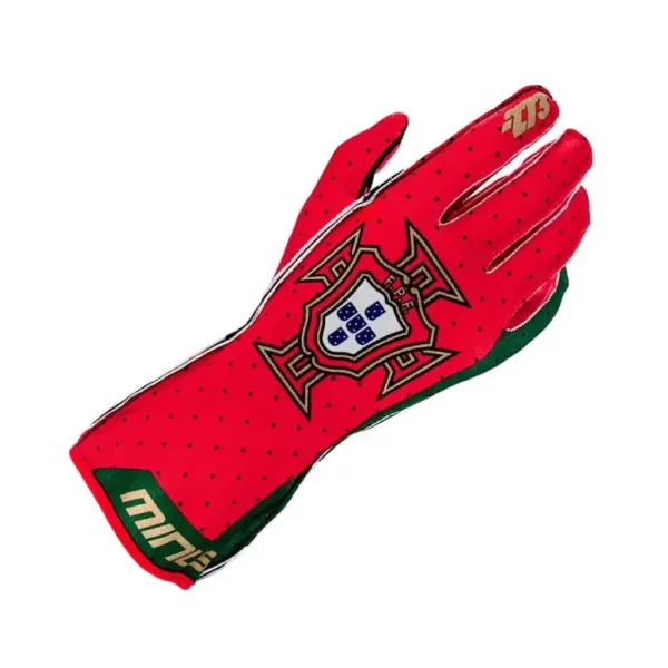 EURO Portugal racing gloves with red and green Portuguese flag design, breathable fabric, reinforced palms, and adjustable wrist closure