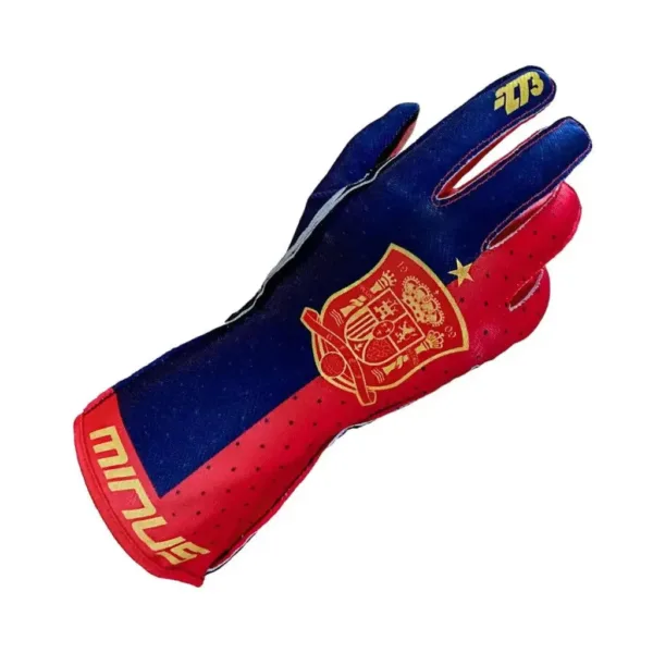 EURO Spain racing gloves with Spanish colors, breathable fabric, reinforced palms, and adjustable wrist closure for motorsport performance