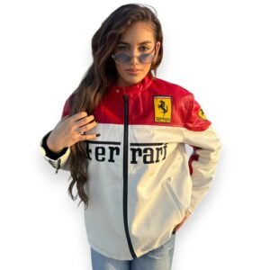 Ferrari White & Red Genuine Leather Jacket – SpeedX Racegear product photo